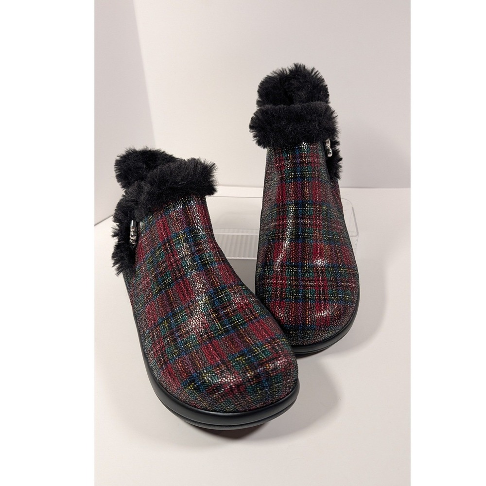 Alegria by PG Lite Womens Plaid Metallic Faux Fur Ankle Boots Multi-Color Zipper